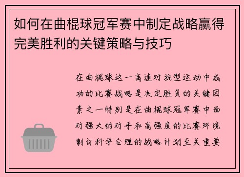 如何在曲棍球冠军赛中制定战略赢得完美胜利的关键策略与技巧